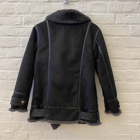 Zara || Double Faced Aviator Biker Moto Jacket Faux Suede Fur Black Gray - Picture 5 of 8